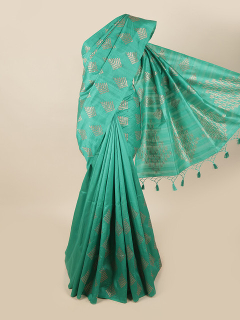 

Pothys Green & Gold-Toned Ethnic Motifs Art Silk Banarasi Saree