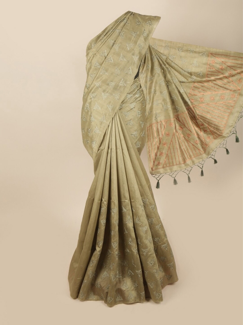 

Pothys Green & Copper-Toned Ethnic Motifs Embroidered Art Silk Banarasi Saree