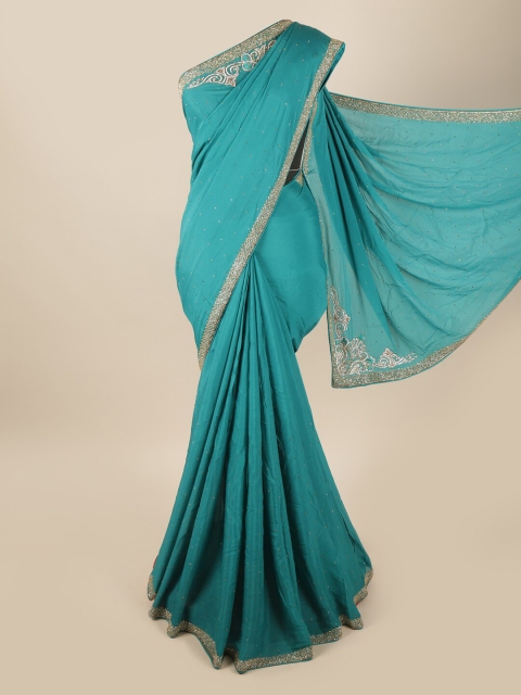 

Pothys Blue & Silver-Toned Embellished Beads and Stones Satin Saree