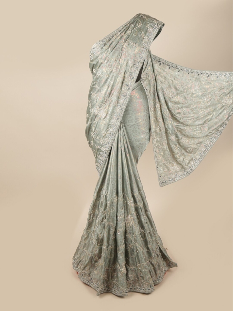 

Pothys Grey & Silver-Toned Floral Embroidered Satin Saree