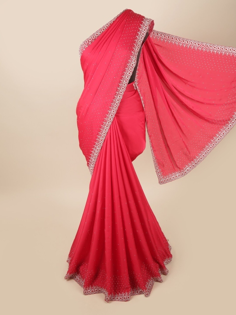 

Pothys Red & Silver-Toned Embellished Beads & Stones Satin Saree