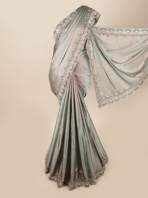 

Pothys Grey & Gold-Toned Embellished Beads and Stones Satin Saree