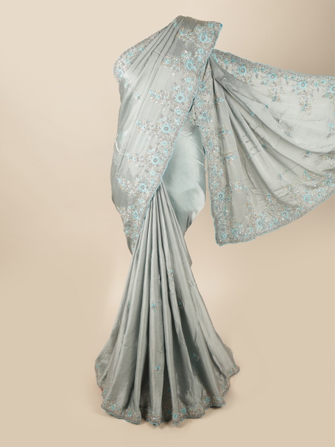 

Pothys Grey & Blue Ethnic Motifs Beads and Stones Embroidered Saree