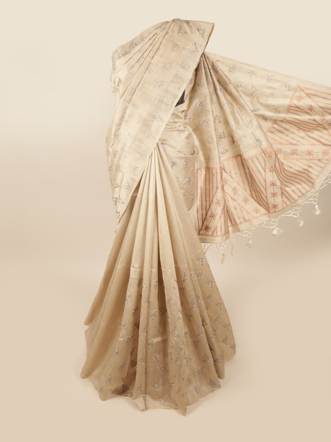 

Pothys Cream-Coloured & Gold-Toned Floral Art Silk Banarasi Saree