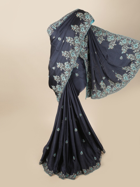 

Pothys Navy Blue & Silver-Toned Floral Beads and Stones Saree
