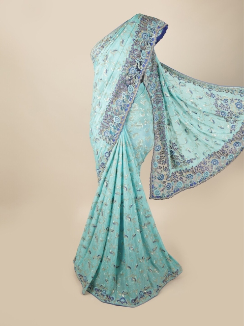 

Pothys Blue & Silver-Toned Floral Beads and Stones Saree