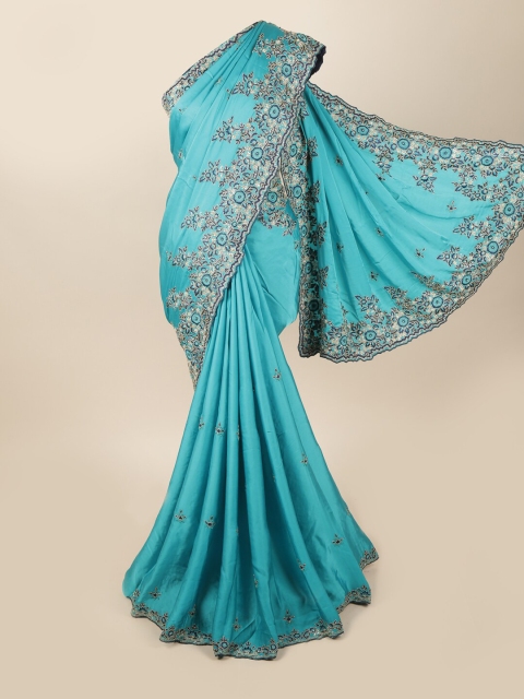 

Pothys Blue & Silver-Toned Floral Embroidered Saree
