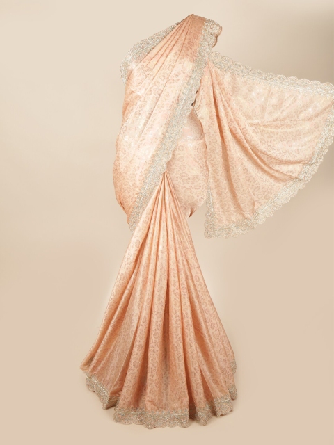 

Pothys Peach-Coloured & Silver-Toned Floral Beads and Stones Embellished Satin Saree