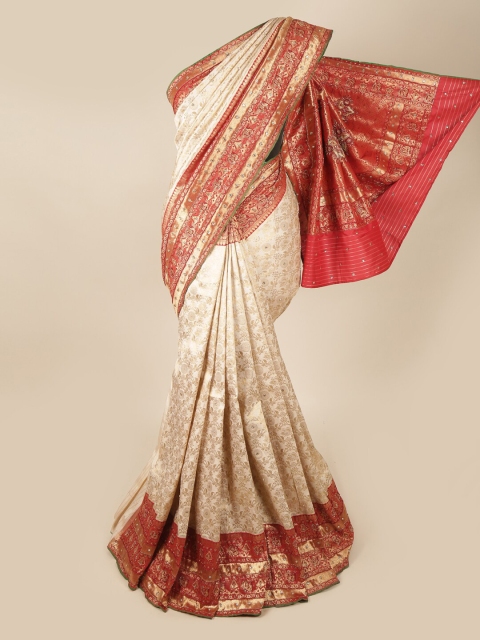

Pothys Cream-Coloured & Red Woven Design Beads and Stones Saree