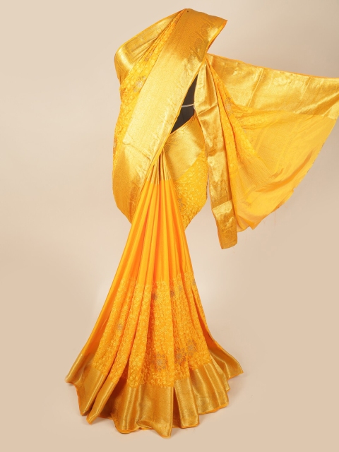 

Pothys Yellow & Gold-Toned Floral Embroidered Zari Saree