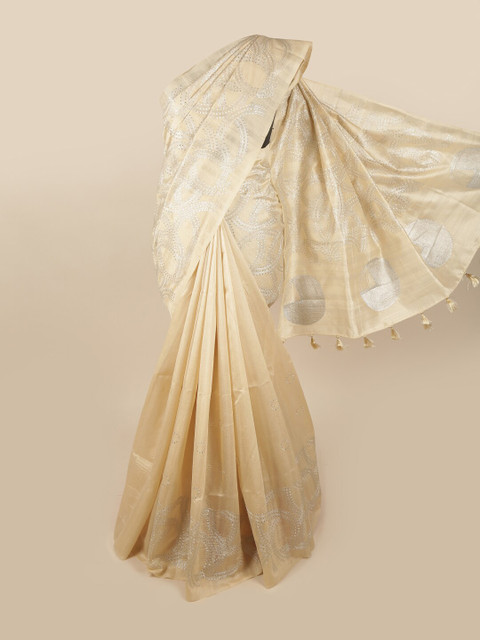 

Pothys Cream-Coloured Ethnic Motifs Embroidered Art Silk Banarasi Saree