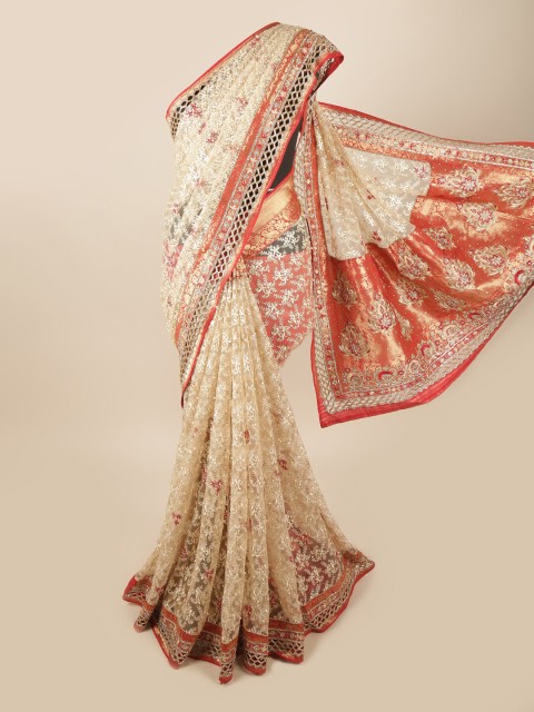

Pothys Cream-Coloured & Red Floral Beads and Stones Saree