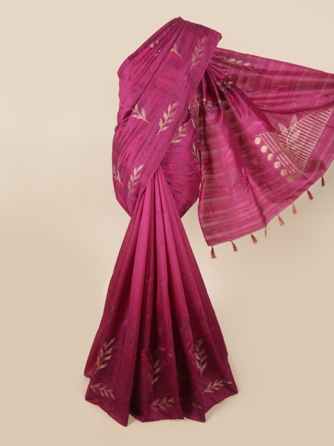 

Pothys Magenta & Gold-Toned Floral Embroidered Art Silk Banarasi Saree