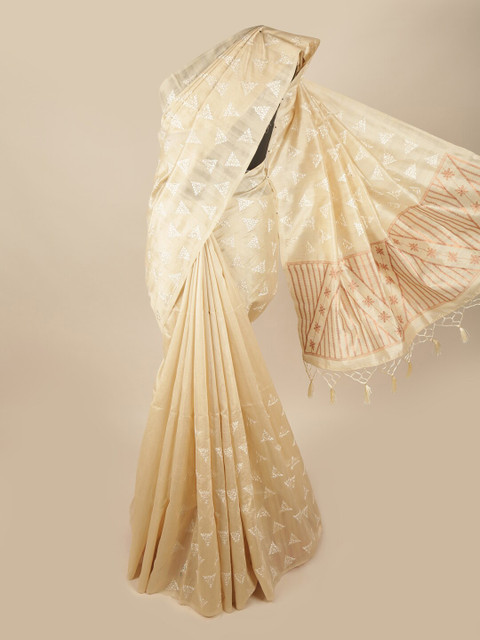 

Pothys Cream-Coloured & Silver-Coloured Ethnic Motifs Embroidered Art Silk Banarasi Saree