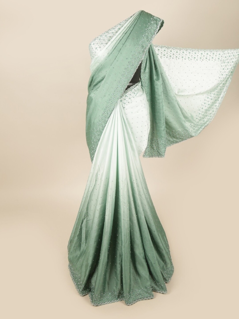 

Pothys Green & Cream-Coloured Embellished Beads and Stones Satin Saree