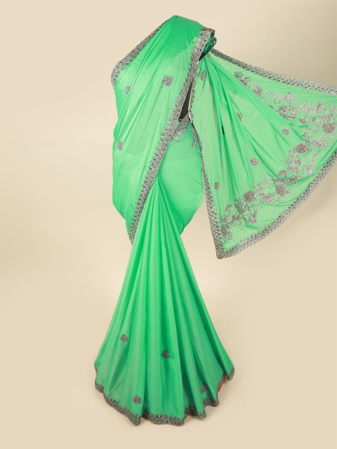 

Pothys Green & Grey Embellished Beads and Stones Satin Saree