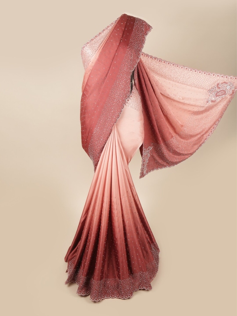 

Pothys Maroon & Peach-Coloured Ombre Beads and Stones Satin Saree
