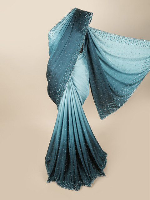 

Pothys Blue & Silver-Toned Beads and Stones Satin Saree