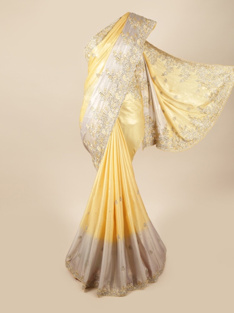 

Pothys Yellow & Grey Floral Beads and Stones Embellished Heavy Work Saree