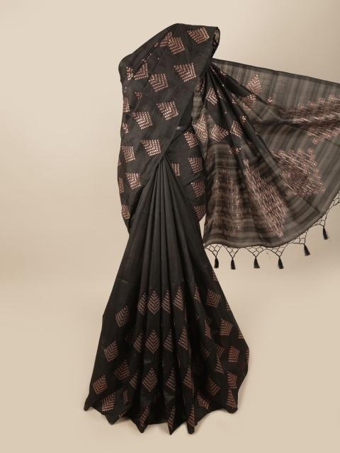 

Pothys Black & Copper-Toned Ethnic Motifs Embroidered Art Silk Banarasi Saree