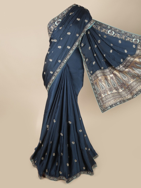 

Pothys Navy Blue & Silver-Toned Floral Saree