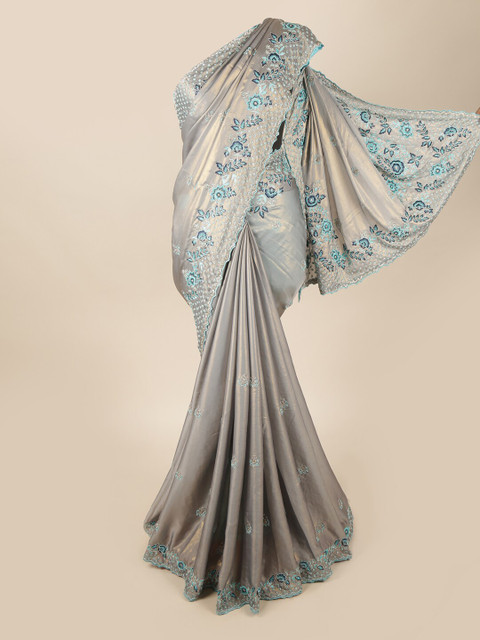 

Pothys Grey & Blue Floral Beads & Stones Saree