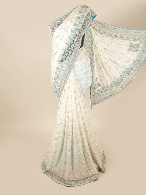 

Pothys Cream-Coloured & Blue Floral Embroidered Beads and Stones Saree