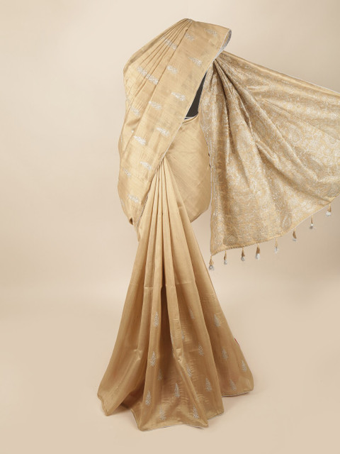 

Pothys Cream-Coloured & Silver-Toned Ethnic Motifs Embroidered Art Sill Saree