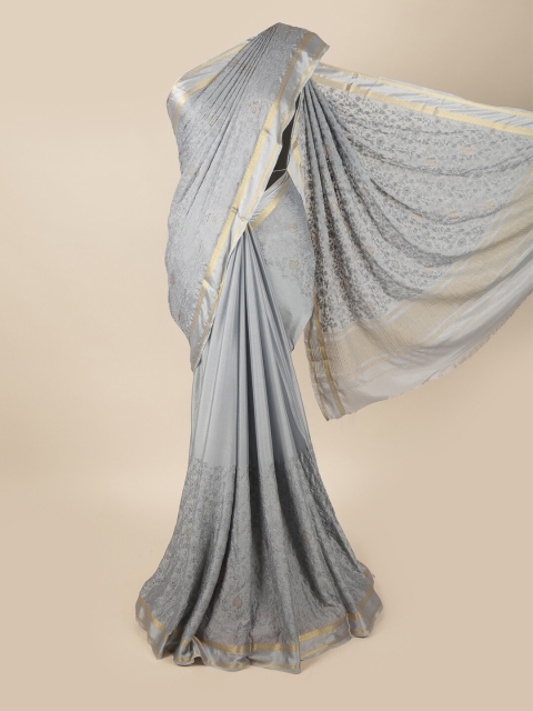 

Pothys Grey & Gold-Toned Floral Beads and Stones Embroidered Zari Saree