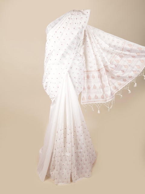 

Pothys White & Brown Floral Embroidered Art Silk Banarasi Saree