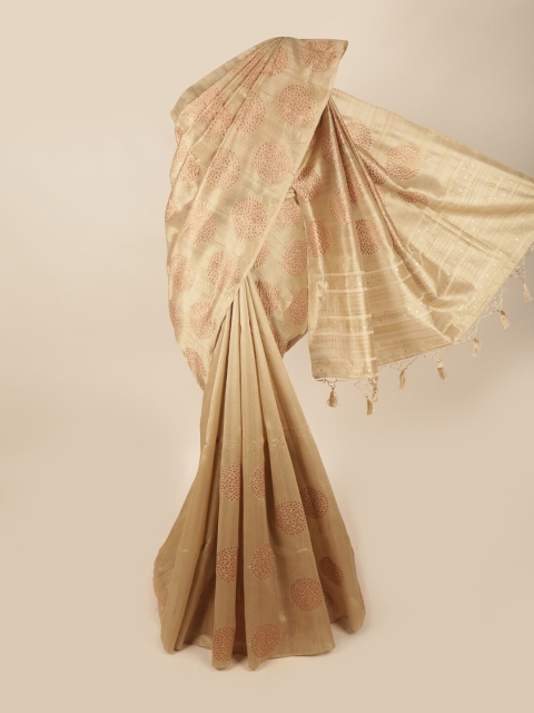 

Pothys Cream & Brown Ethnic Motifs Embroidered Art Silk Banarasi Saree