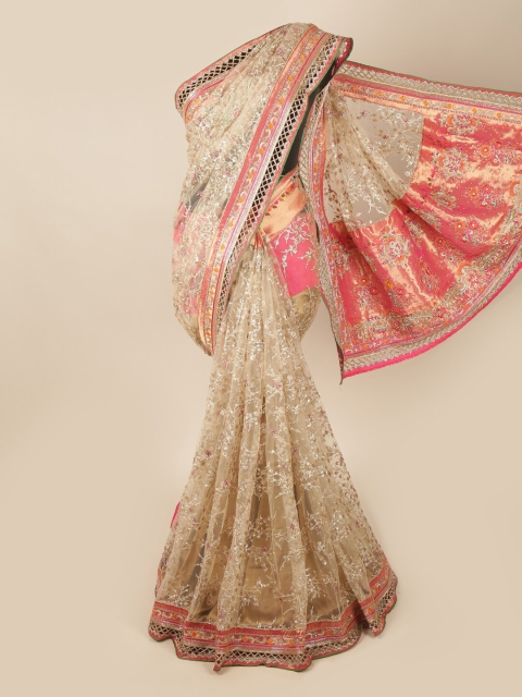 

Pothys Cream-Coloured & Pink Floral Saree
