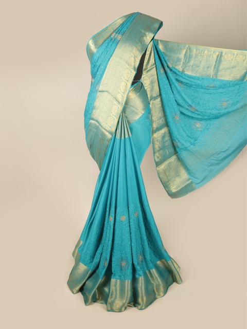 

Pothys Blue & Gold-Toned Floral Embroidered Zari Saree