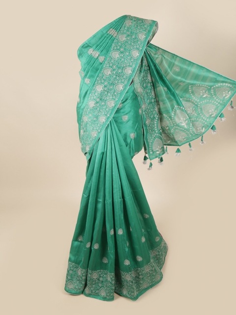 

Pothys Green & White Floral Embroidered Art Silk Banarasi Saree