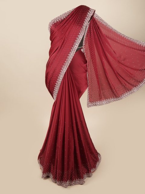 

Pothys Maroon & White Embellished Beads and Stones Embellished Satin Saree