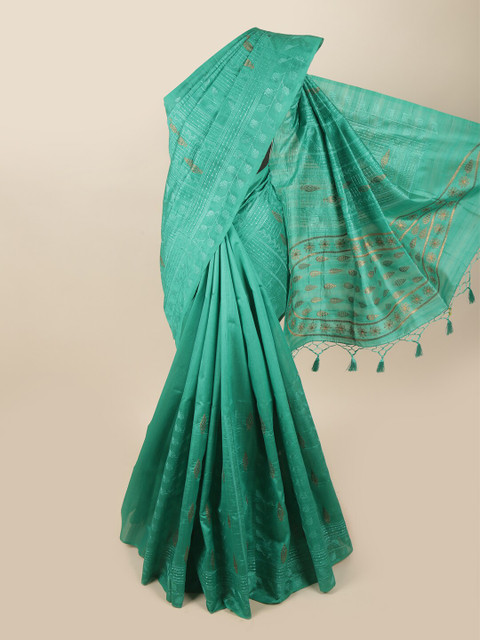 

Pothys Green & Bronze-Toned Floral Embroidered Art Silk Banarasi Saree