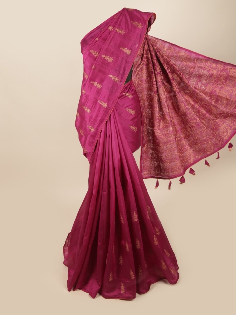

Pothys Magenta & Gold-Toned Ethnic Motifs Embroidered Art Silk Banarasi Saree