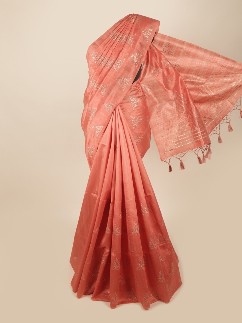 

Pothys Peach-Coloured & Gold-Toned Floral Embroidered Art Silk Banarasi Saree