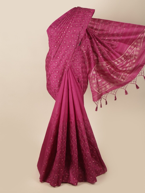 

Pothys Magenta & Gold-Coloured Ethnic Motifs Embroidered Art Silk Banarasi Saree