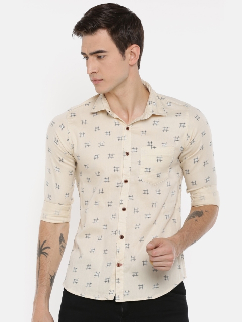 

Cross Court Men Cream-Coloured Skinny Fit Opaque Printed Casual Shirt