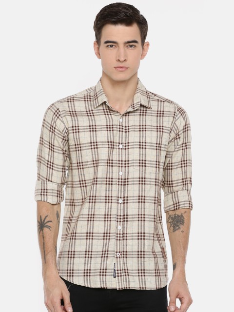 

Cross Court Men Beige & Brown Slim Fit Opaque Checked Pure Cotton Casual Shirt