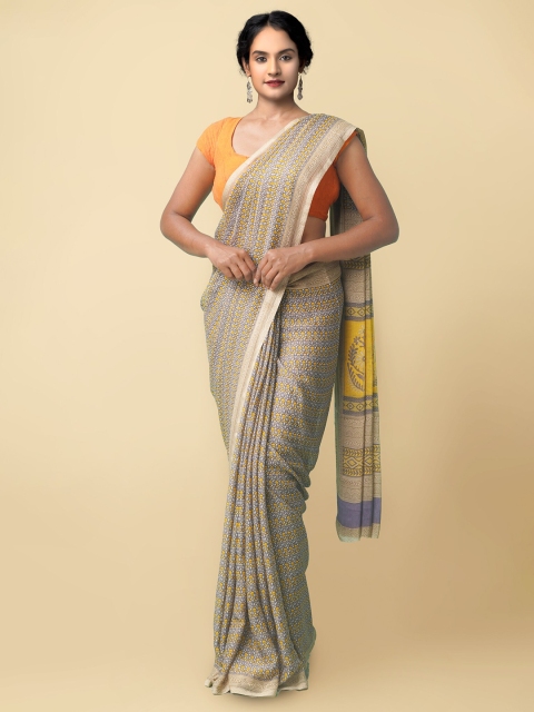 

Unnati Silks Tan & Yellow Ethnic Motifs Block Print Saree