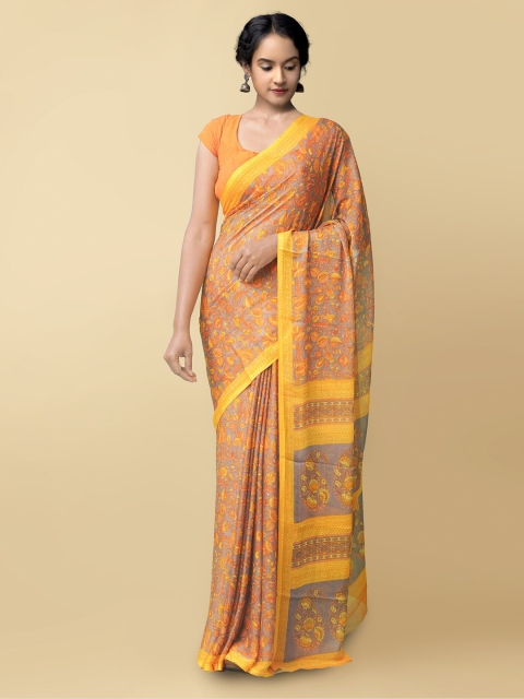 

Unnati Silks Grey & Yellow Floral Block Print Saree