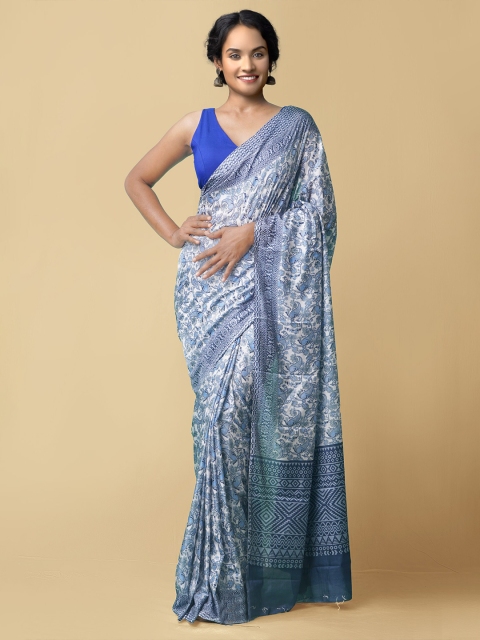 

Unnati Silks Cream-Coloured & Blue Ethnic Motifs Block Print Saree