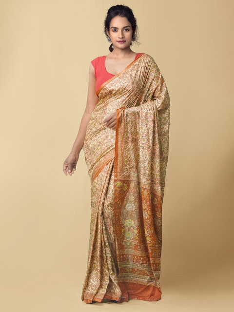 

Unnati Silks Brown & Yellow Floral Printed Block Print Saree