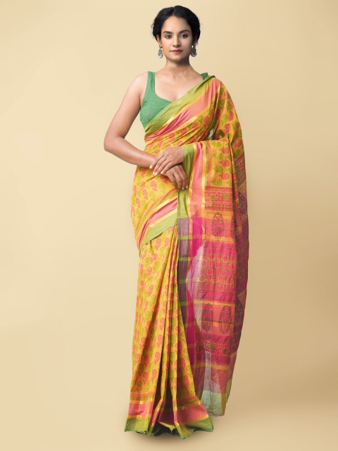 

Unnati Silks Orange & Green Woven Design Pure Cotton Mangalagiri Saree
