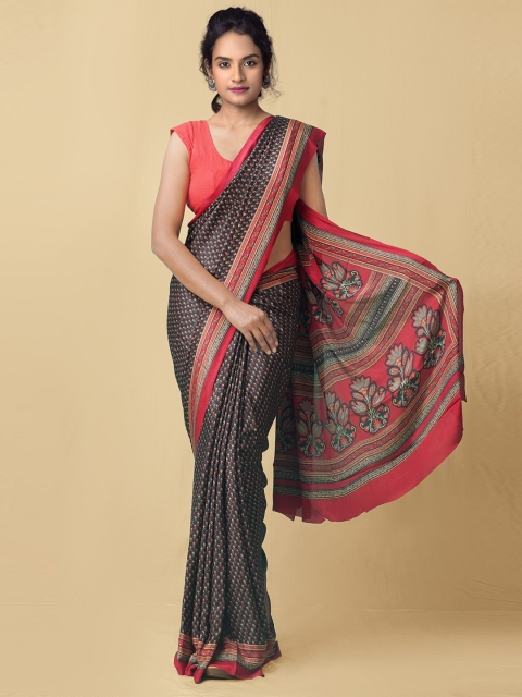 

Unnati Silks Black & Red Ethnic Motifs Block Print Saree