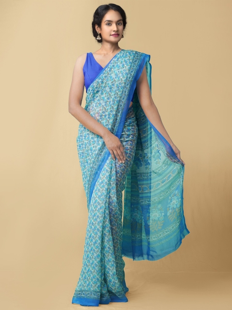 

Unnati Silks Blue & Green Floral Block Print Art Chiffon Saree