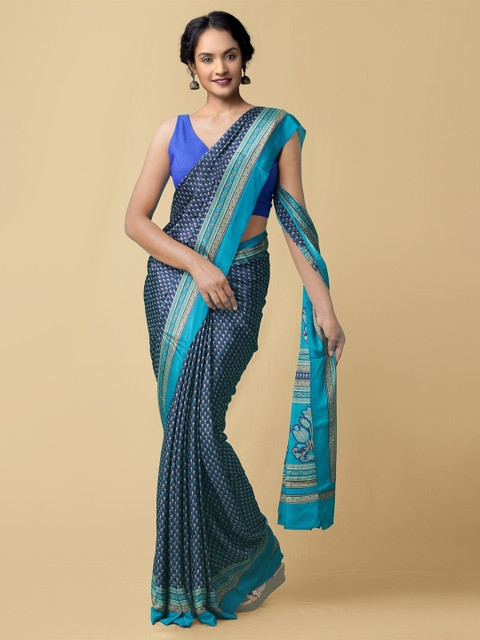 

Unnati Silks Blue & Beige Floral Block Print Saree