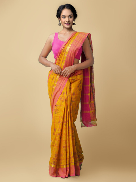 

Unnati Silks Orange & Pink Ethnic Motifs Printed Pure Cotton Mangalagiri Saree